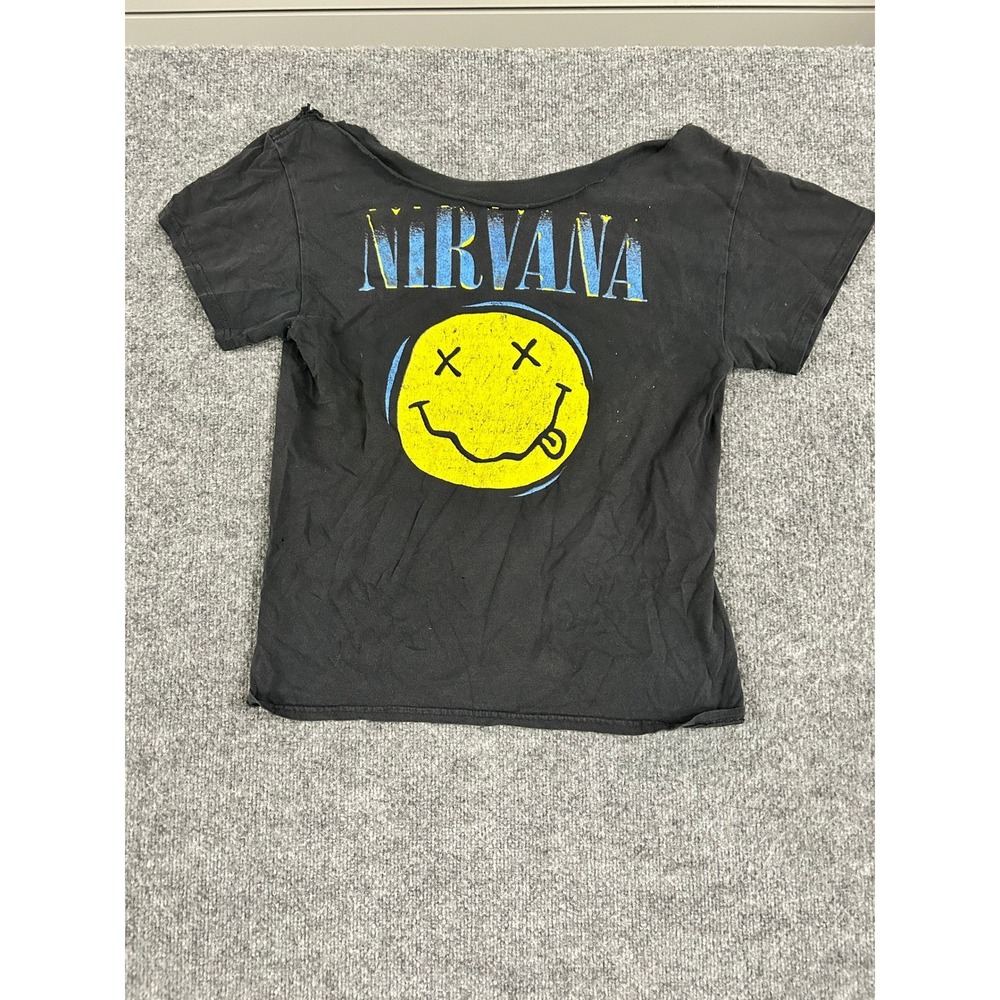 Nirvana Graphic Tee Womens Size S Black Distressed Raw Neck Smiley Face Grunge